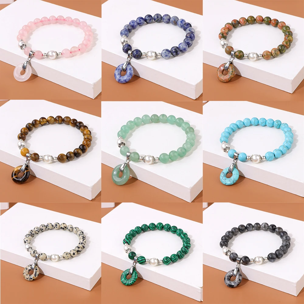 

Natural Stone Peace Buckle Charms Bracelet 8mm Beaded Elastic Bracelet for Women Men Lucky Peace Bracelet Bangle Jewelry Gifts