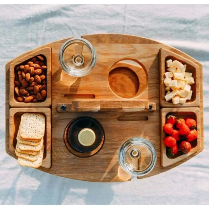 Portable Wooden Picnic Table Carry Handle Outdoor Folding Wine Table Removable Wine Glass Holder Folding Low Snack Tray
