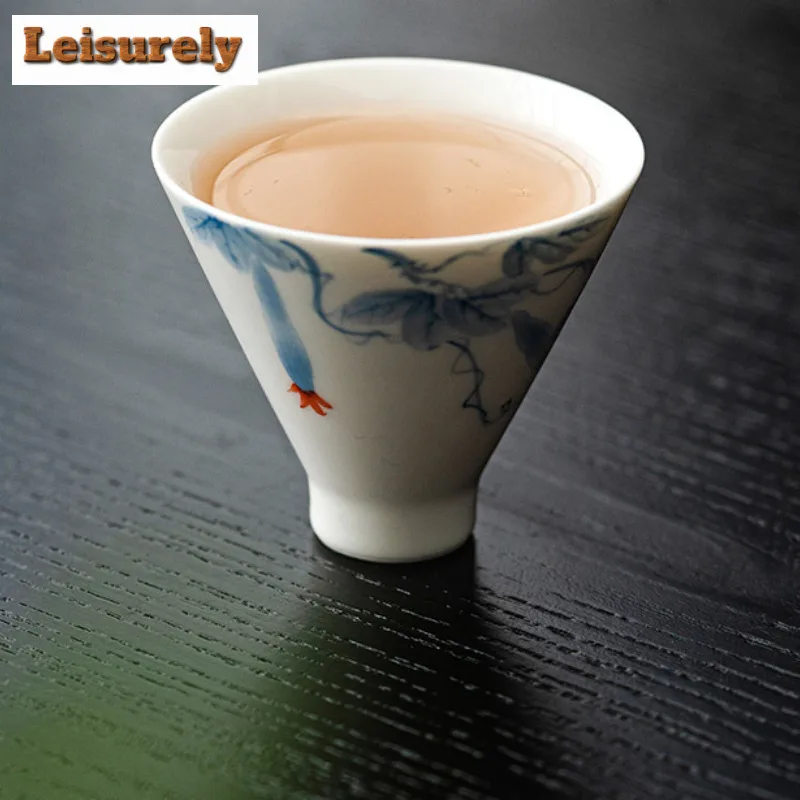 2pc/set Hand-painted Loofah Teacup Dehua White Porcelain Bamboo Hat Cup Master Single Cup Chazhan Kung Fu Teaset Drinking 50ml