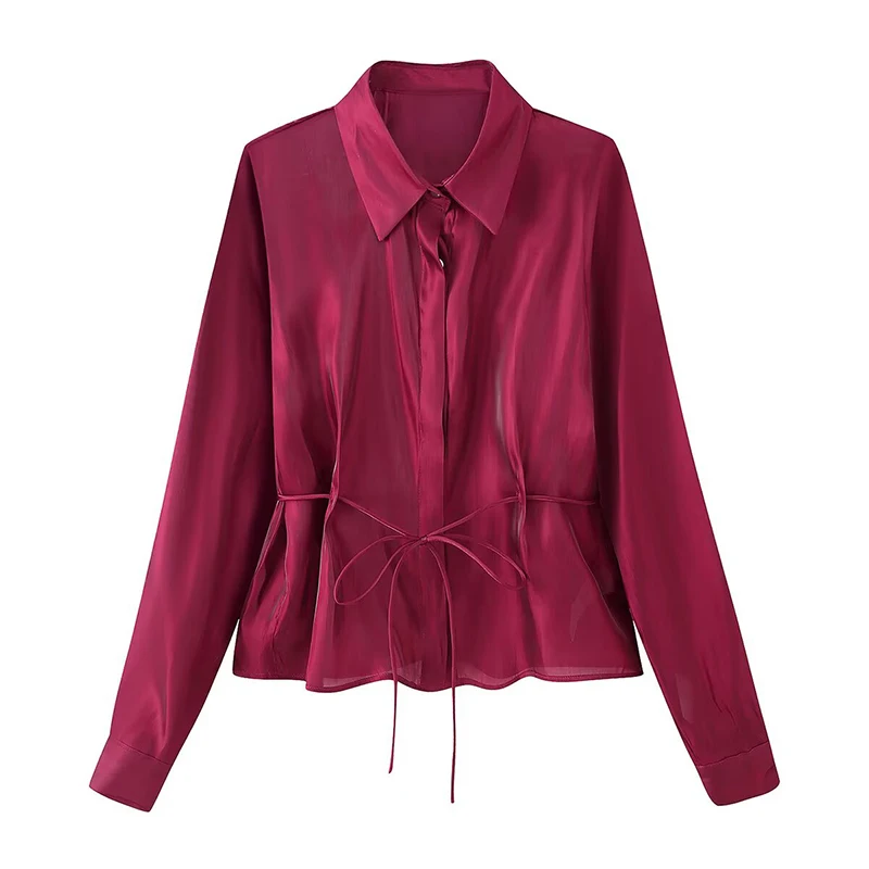 Chic Women Lace Up Shirt Turn-down Collar Long Sleeve Single Breasted Loose Blouse Fashion 2026 Spring Shirts Tops ﻿