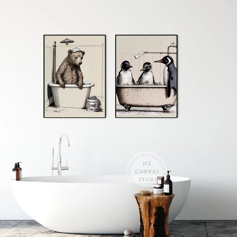 Funny Bear in Bathrobe Penguin Bath Tub Vintage Surreal Poster Animal Canvas Printing Wall Art Picture for Bathroom Toilet Decor