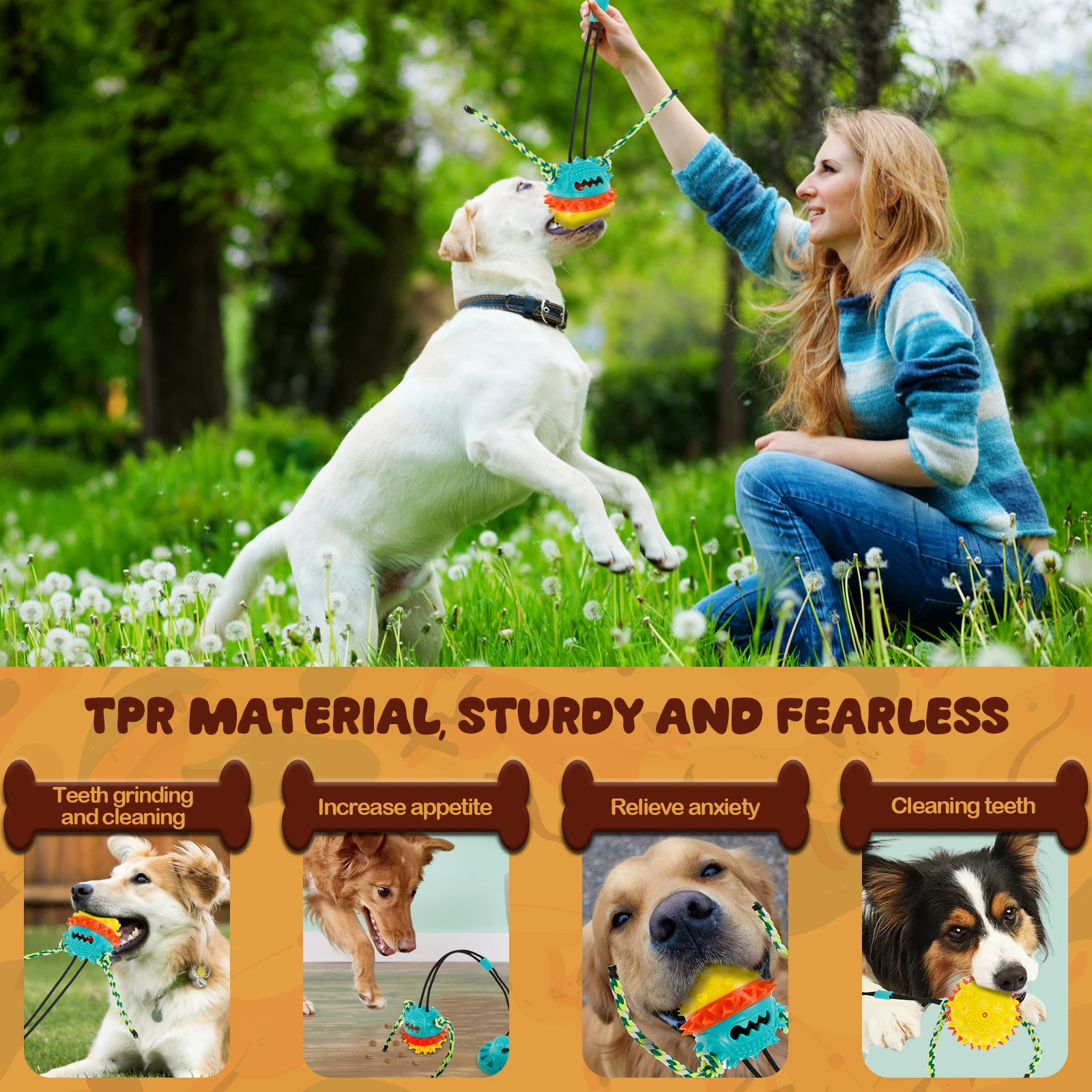 Dog Suction Cup Tug Toy TPR Dog Chew Toy with Sound & Food Leakage Tough Wear-resistant Sucker Ball Dog Toy for Dog Teeth Clean