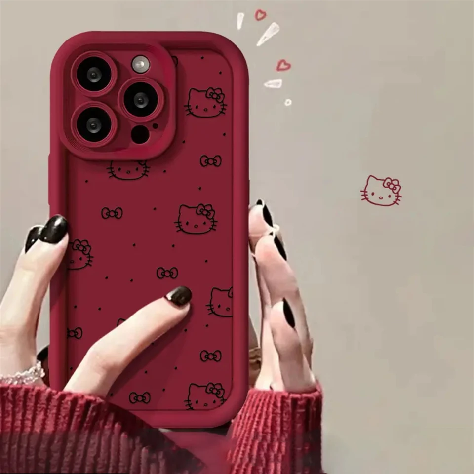 thumbnail image 1 of Sanrio-Funda de gel de sílice líquido Hello Kitty para iPhone, 15, 14, 13, 11, 12 Pro Max, XS, XR, 7, 8 Plus, con espejo cosmético, cubierta de dibujos animados, Y2K, 1 of 5