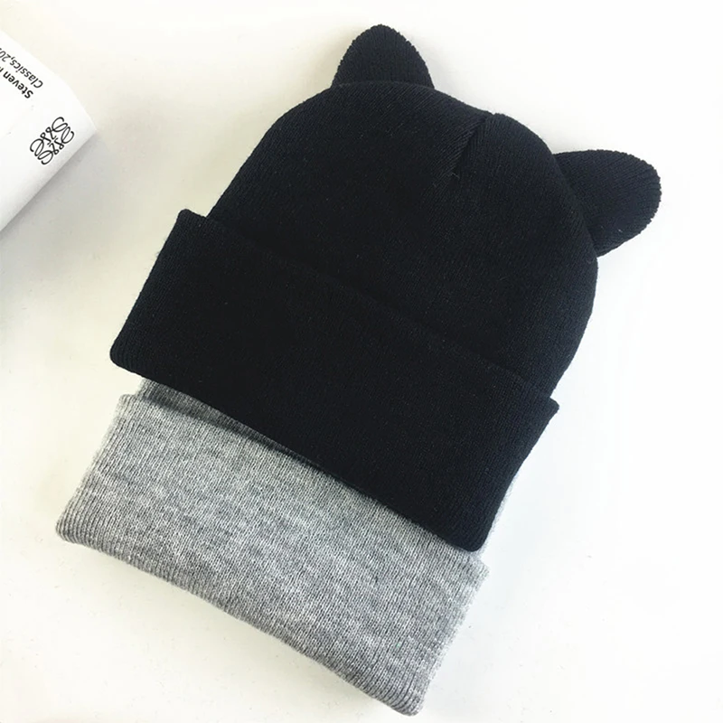 Gorro de lana con orejas de gato, gorro de punto, bonito, cálido e informal, diseño de moda, color gris y blanco, 1 unidad