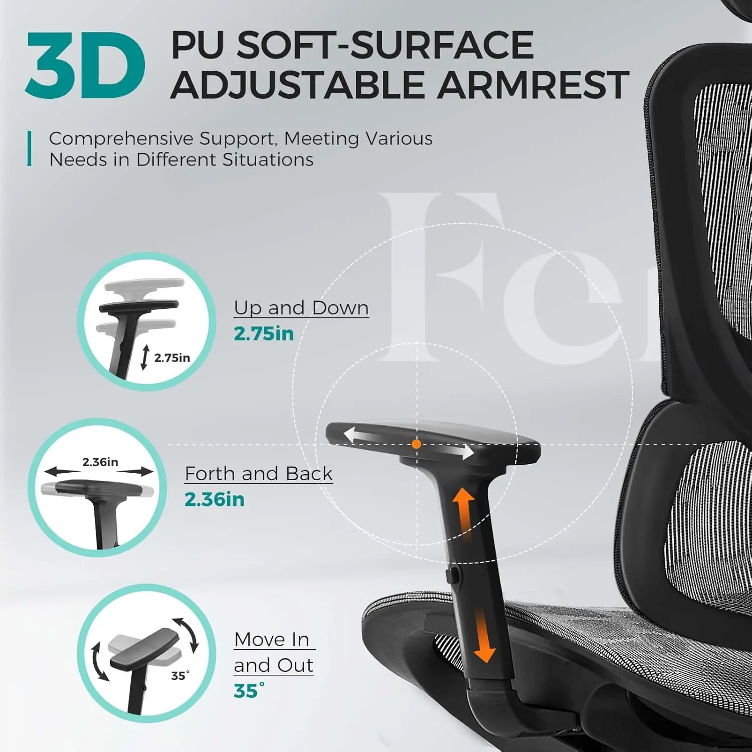 High Back Home Office Desk Chair with Lumbar Support, 4D Adjustable Armrest & Seat Depth 6