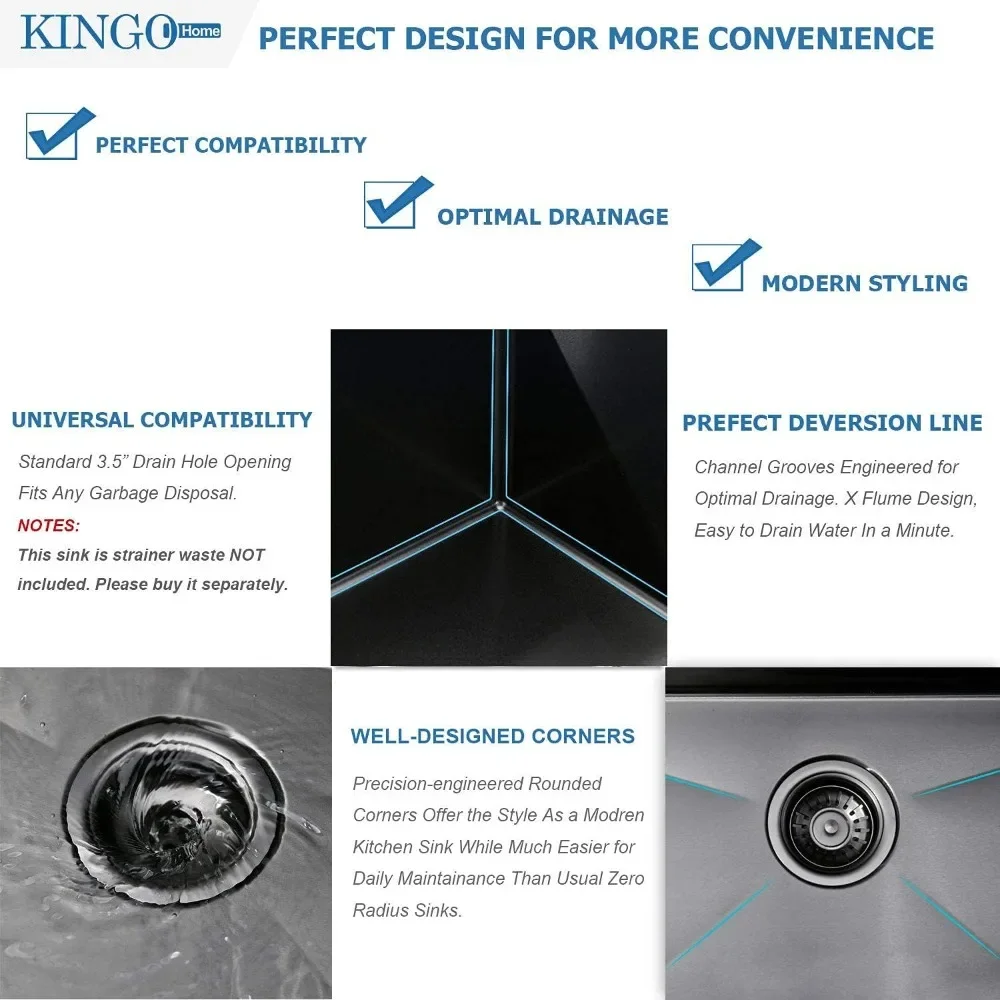 NEW-33″x22″x9″ Drop In Kitchen Sink Black, Top mount SUS304 Stainless Steel Gunmetal Black Sink 18 Gauge Single Bowl, Handmade C