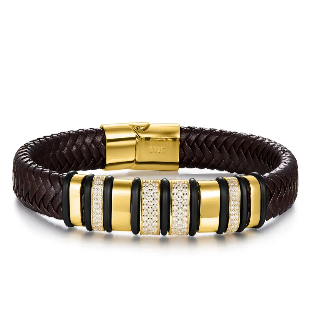 Luxury Cuban Bracelet - 8mm Leather  18k Gold Plated Sterling Silver with Lab-Grown Zircon Diamond for Men