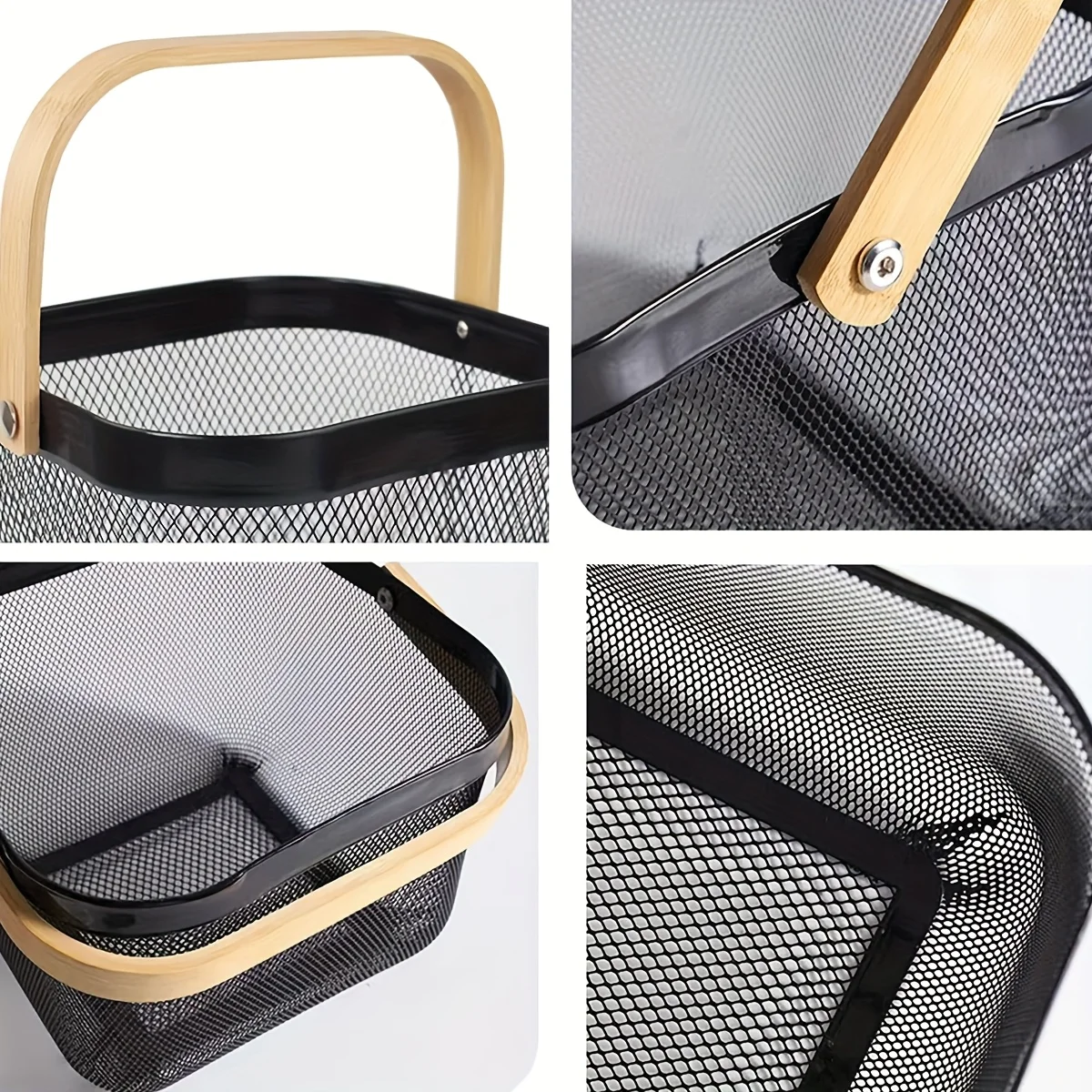 2 Pack Square Metal Mesh Fruit Basket, Portable Metal Picnic Baskets with Wood Handle, Mesh Storage Organizer Basket 6