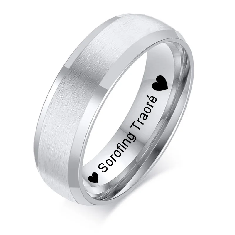 Personalized Mens Stainless Steel Ring Matte Brushed Bevelled Edge