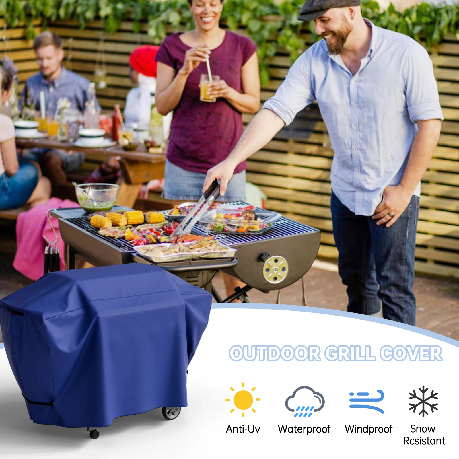 420D Outdoor Grill Cover BBQ Barbeque Cover Anti-Dust Waterproof Rip-Proof with Hook-and-Loop Straps & Adjustable Hem Drawstring