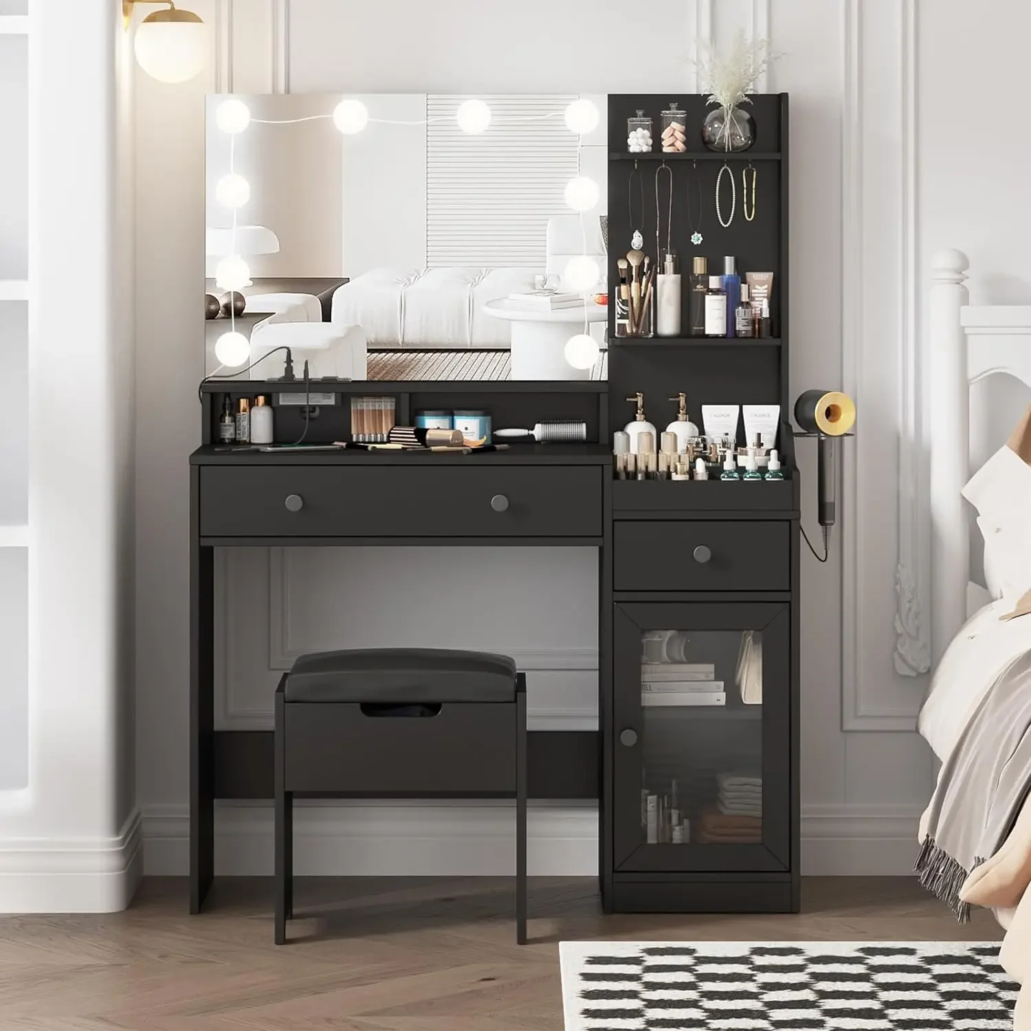 

Makeup Vanity w/ Mirror and 10 Lights, Big Vanity with 3 Storage Compartments&Power Outlets, Vintage Set w/ Large Drawer&Cabinet