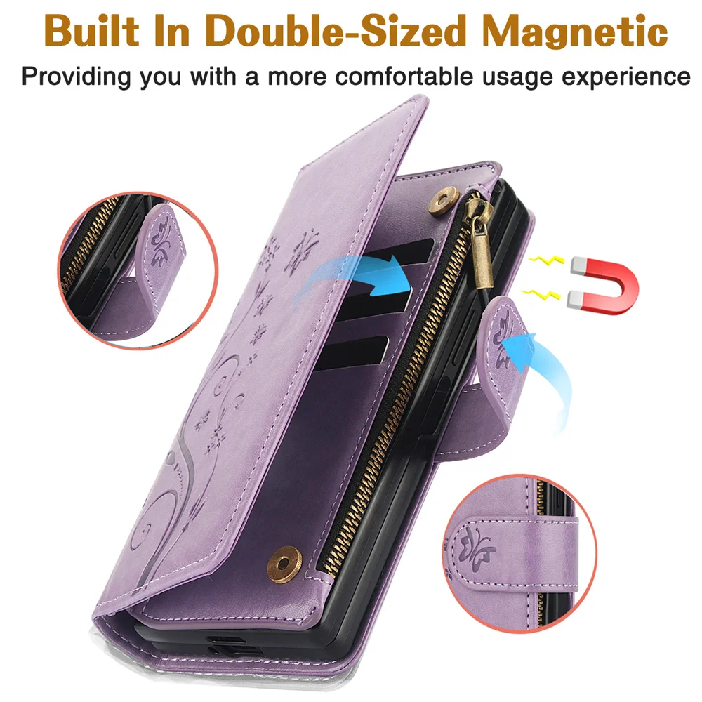 Leather Zipper Wallet Phone Case with Wrist Strap and Card Slot, Flip Stand Cover