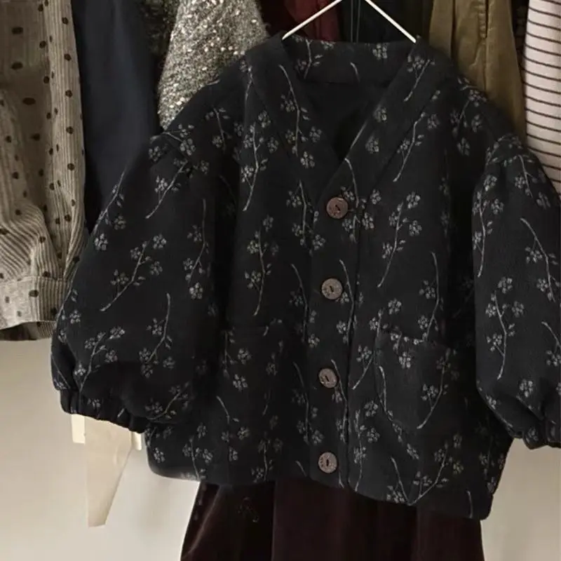 한국 아동복, 여아 가을 코트 2025 신상, 아동 서양식 레트로 플로럴 가디건 트렌드