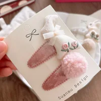 Autumn Winter Sweet 3D Embroidery Cute Rabbit Baby Velvet BB Clips Side Hairpins Girls Sakura Pink Fluffy Pom Pom Hair Ties - Image 3