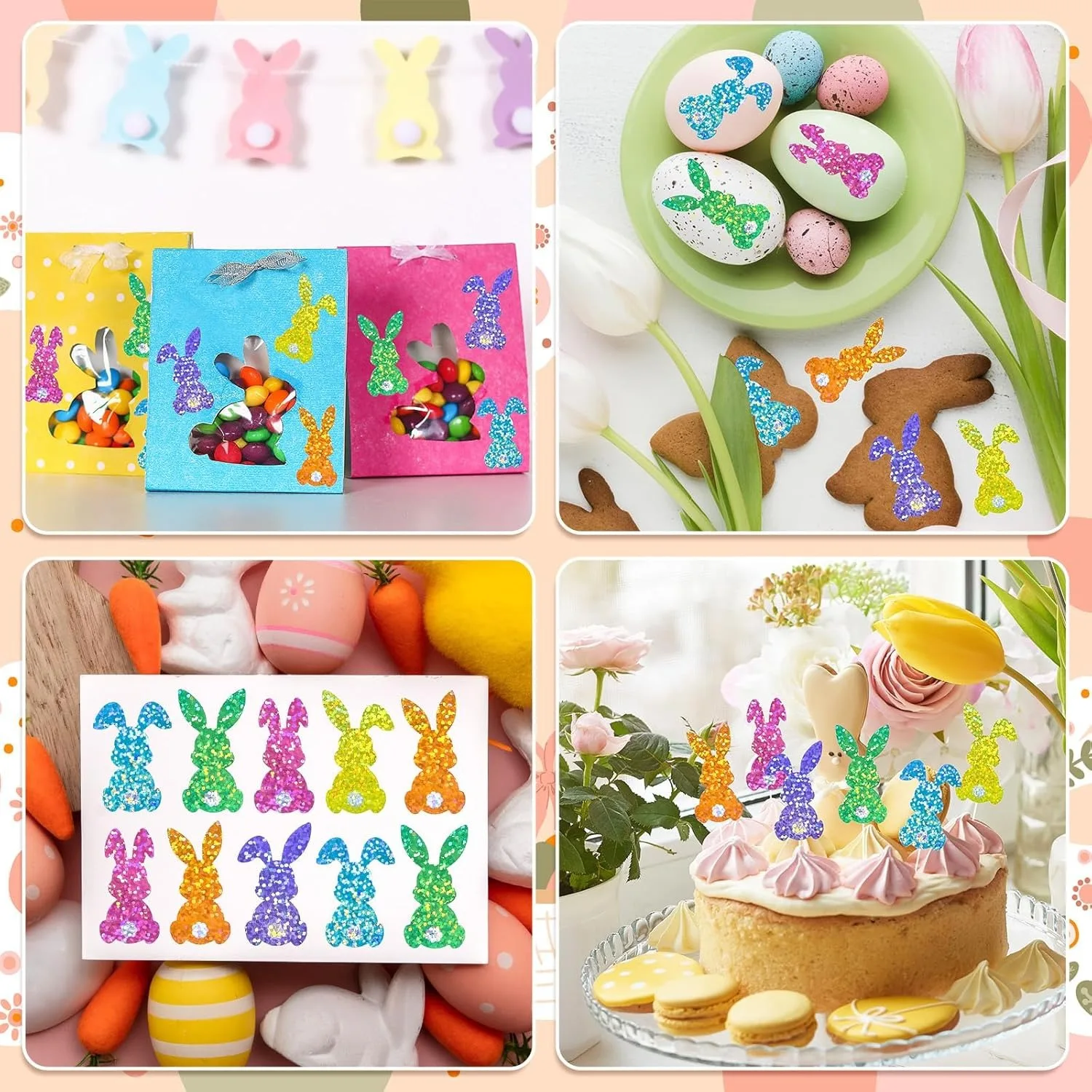 500Pcs Easter Bunny Stickers Roll Colorful Laser Rabbit Paper Decals 5 Colors Spring Sparkly Self Adhesive Seal Stickers