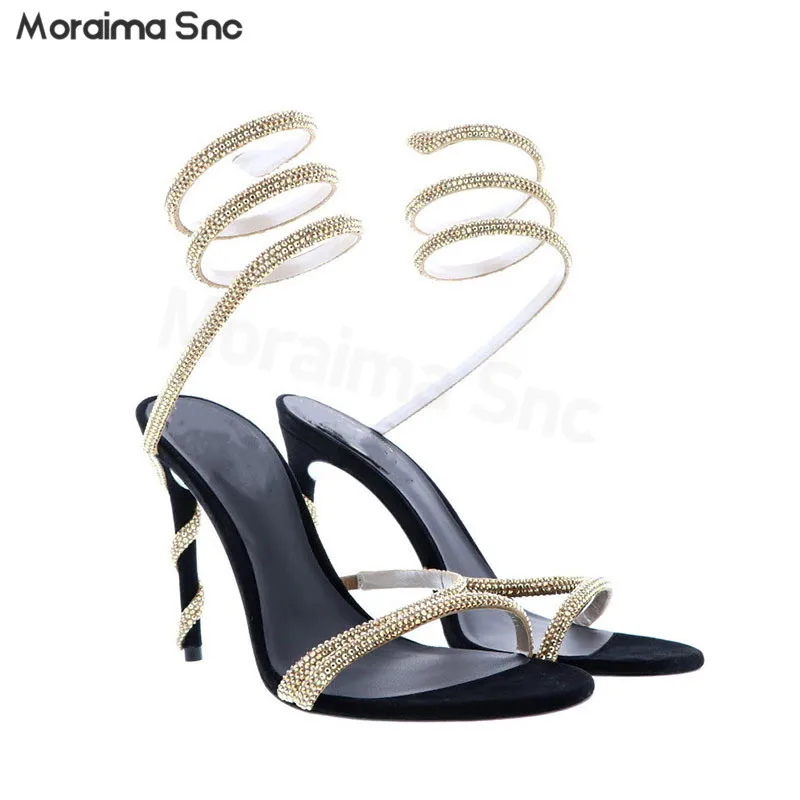 

2023 New Rhindiamonds Snake Wrapped Sandals Round Head One Word Belt Hollow High Heel Sandals Sexy Open Toe Fashion Sandals