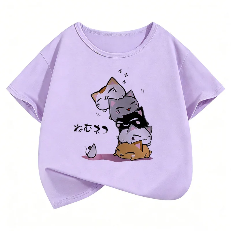 Y2K Funny Cat Graphic Kids Tshirts Summer Short Sleeve Tees Cartoon Boys Girls Clothes Kawaii Tops Children T-shirt 6