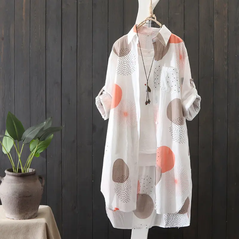 Fashion Plus Size Patchwork Pockets Women Blouses Office Lady Spring Autumn Polo-Neck Printing Long Sleeve Button Midi Shirt