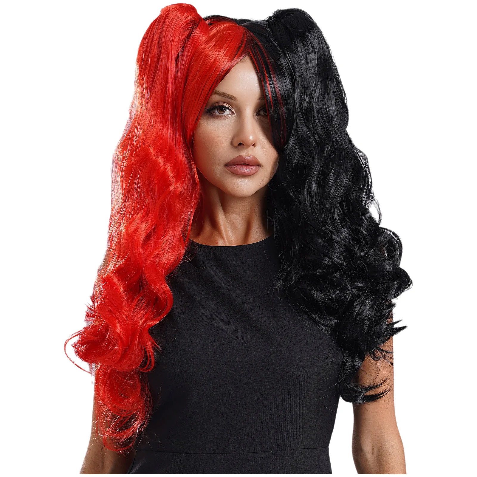 thumbnail image 1 of Peluca sintética multicolor de rizado largo para mujer, pelo humano de estilo cómic de Lolita, peluca de Cosplay de roles de Anime japonés con coletas con Clip, 1 of 5