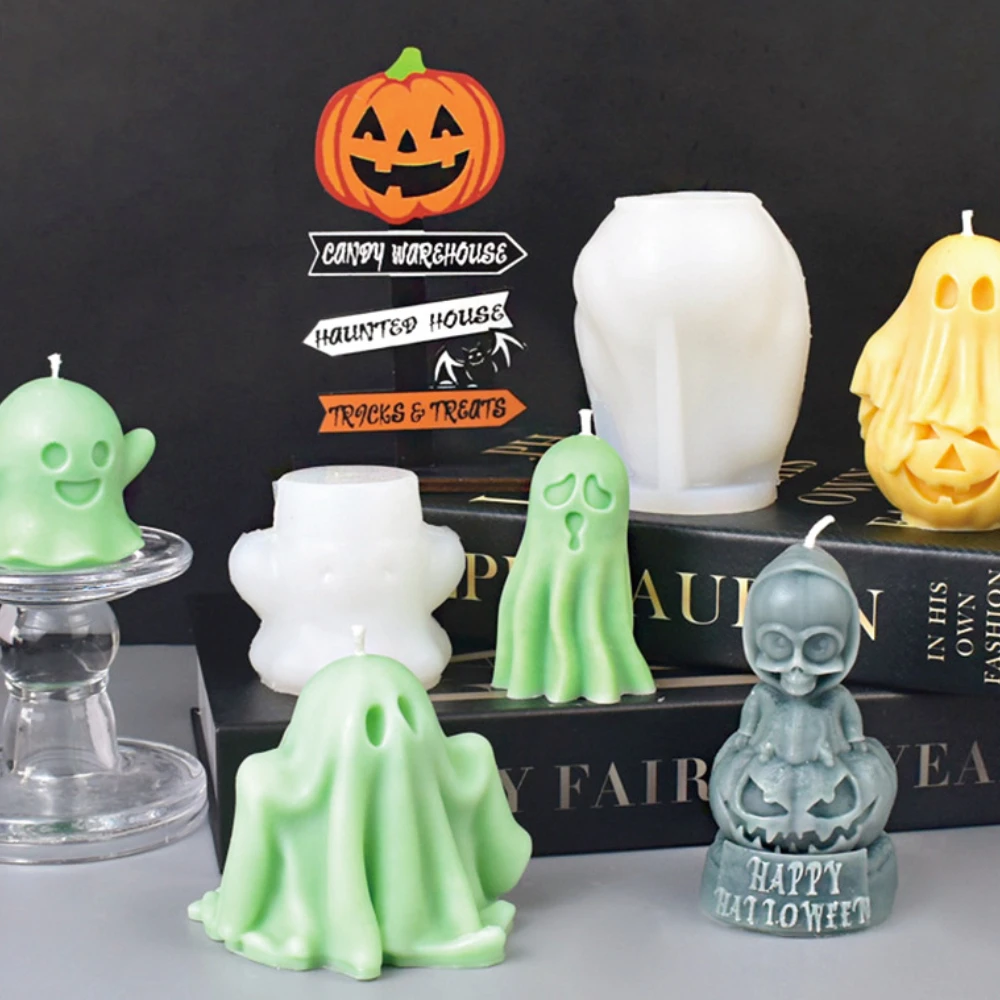 Description Picture 3 of itemCartoon Pumpkin Ghost Plaster Doll Mold Skull Terror Zombie Candle Soap Silicone Mould Hands Up Apparition Halloween Party Decor