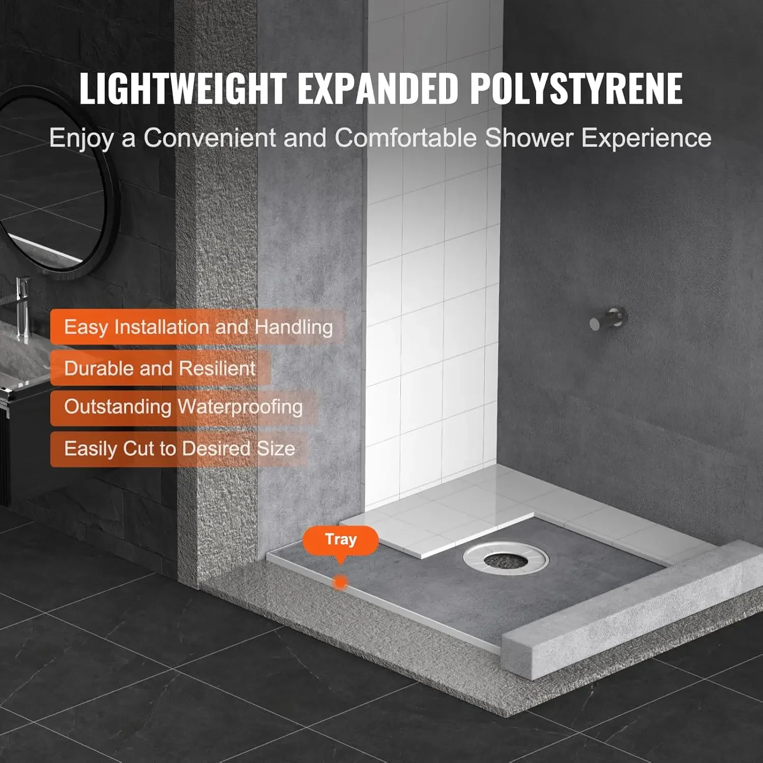 Nordic Shower Curb Kit,36"x36" Pan with 6.3" Central Drain,Lightweight Installation with 2 Waterproof Cloths