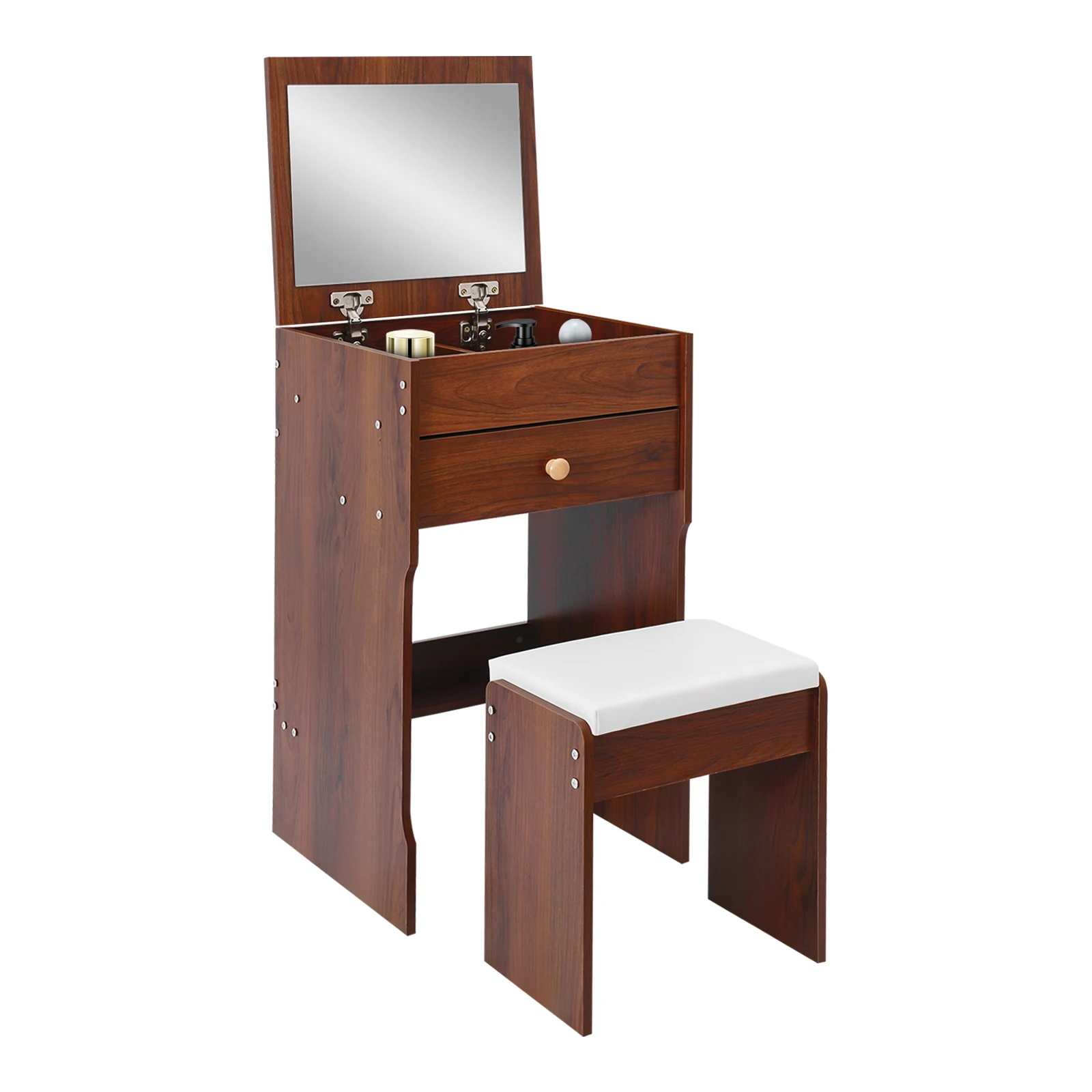 Schminktisch mit Spiegel, kompakter Make-up-Tisch mit Aufbewahrungsfächern und Hocker mit weichem Sitzkissen, Frisiertisch für Schlafzimmer – Detail 1