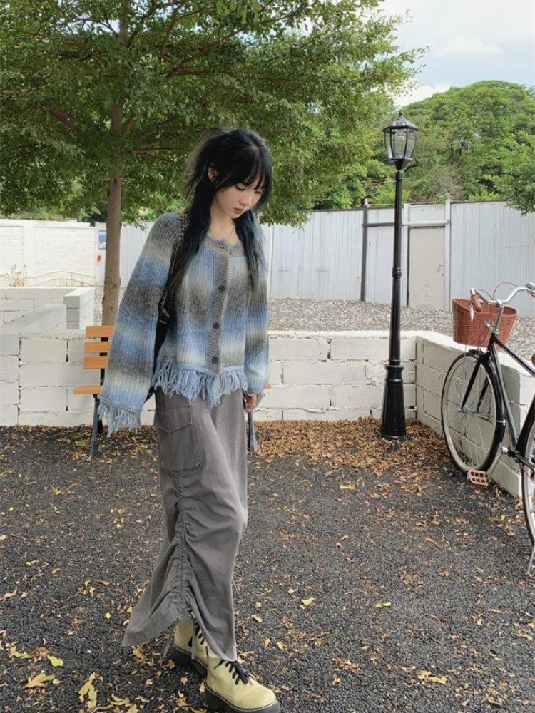 Vintage Tie Dye Sweater Cardigan Women Y2K Streetwear Tassel Knitted Crop Jacket Autumn Winter Korean Loose Knitwear Top Coat 6