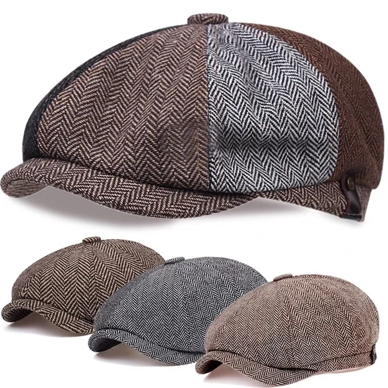 Vintage Newsboy Caps Men Women Berets Hat Classic Plaid Stripe Beret Winter Cotton Flat Cap British Painter Hats Herringbone Hat 3