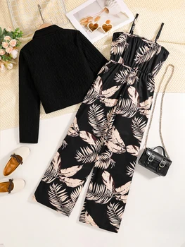 2-piece Spring and Autumn girls fashion floral suit black casual lapel long-sleeved shirt + printed halter straight trouser suit 2