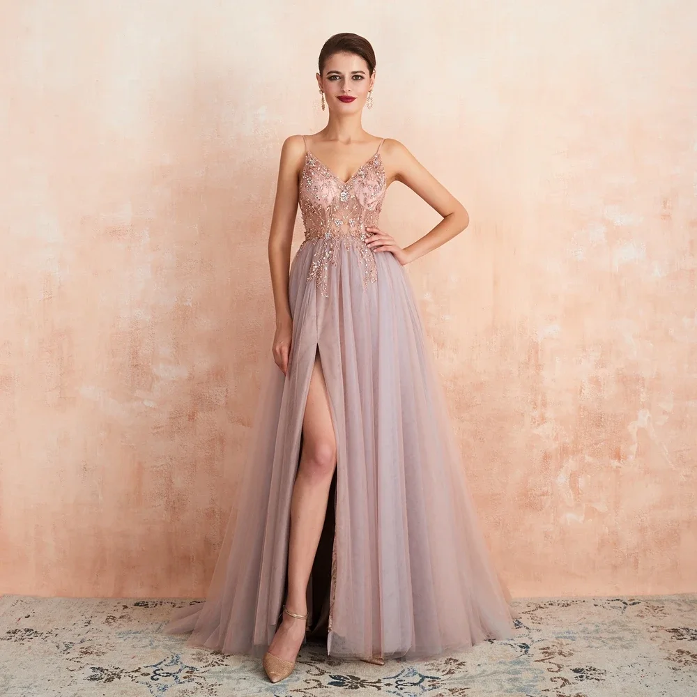 

Женское длинное вечернее платье, элегантное Прозрачное платье трапециевидной формы из фатина с разрезом, V-образным вырезом, на бретелях-спагетти, розовые вышитые бисером платья для выпускного вечера, 2024
