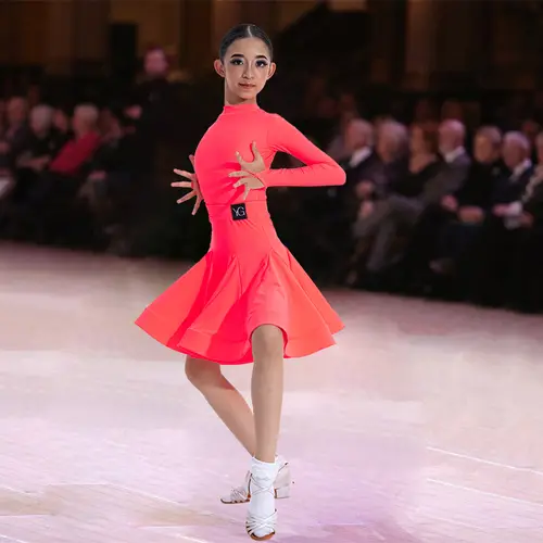 Girls Latin Dance Competition Clothing Glossy Fabric Long Sleeves Dance Dress Kids Cha Rumba Dance Practice Training Wear - Image 19