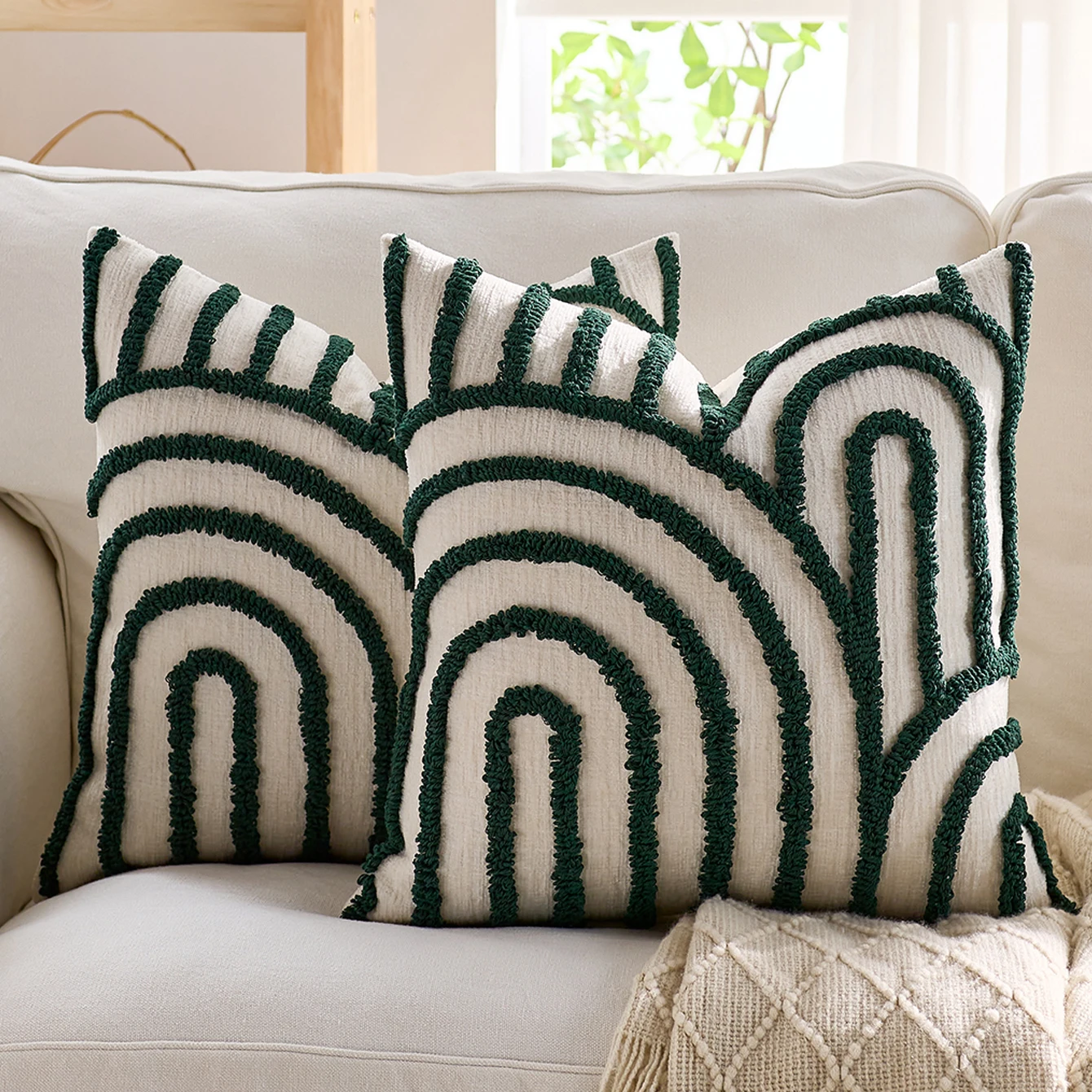 Green geometric embroidered pillow-cover pair