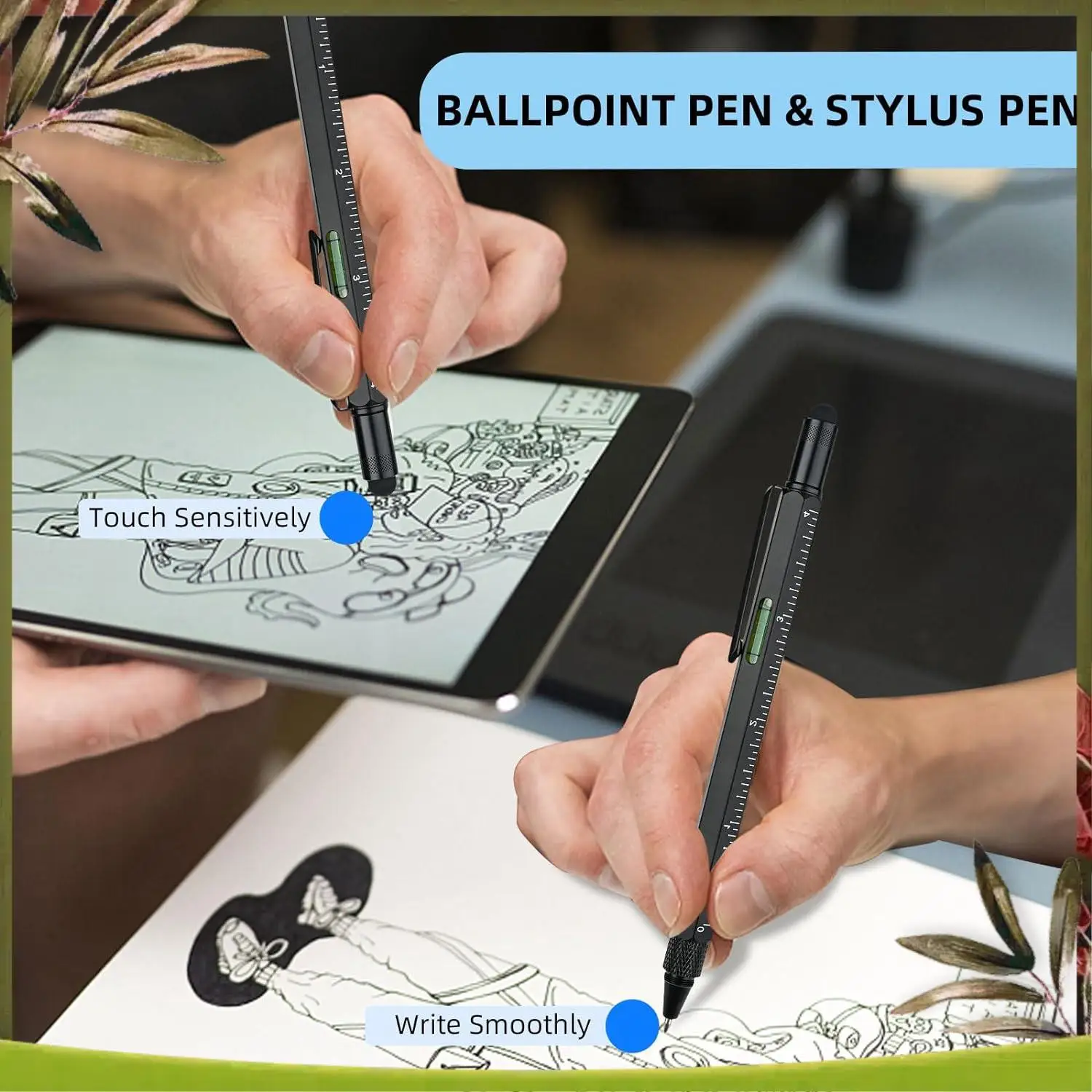 새로운 멀티툴 펜 멋진 가제트, 스타일러스가 포함된 참신한 펜, 레벨, 눈금자, 드라이버, 아빠 남편을 위한 생일 선물 Black Durab