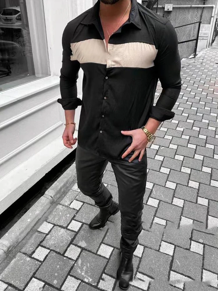 2022 Spring Single Breasted Button Men's Shirt Casual Turn-down Collar Patchwork Man Top Shirts Retro Long Sleeve Street T-shirt long short sleeve shirt