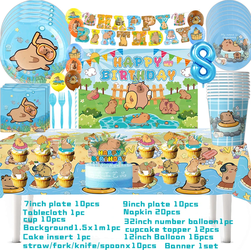 Cartoon Capybara Geburtstag Party Dekoration Einweg Geschirr Tasse Teller Servietten Ballon Tischdecke Banner Baby Dusche Spielzeug Geschenk – Detail 16