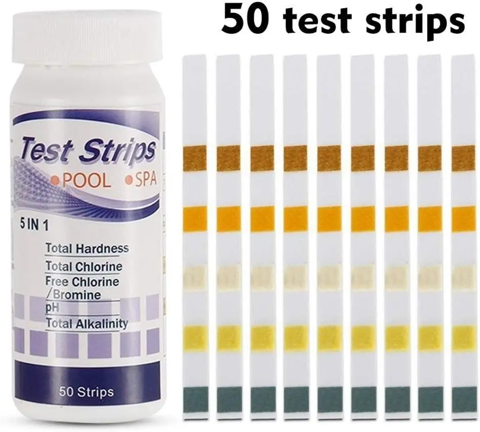 

5 In 1 Swimming Pool SPA Test Strips Chlorine pH Alkalinity Water Hardness Testing Healthwater Pool Test Strips 50Pcs