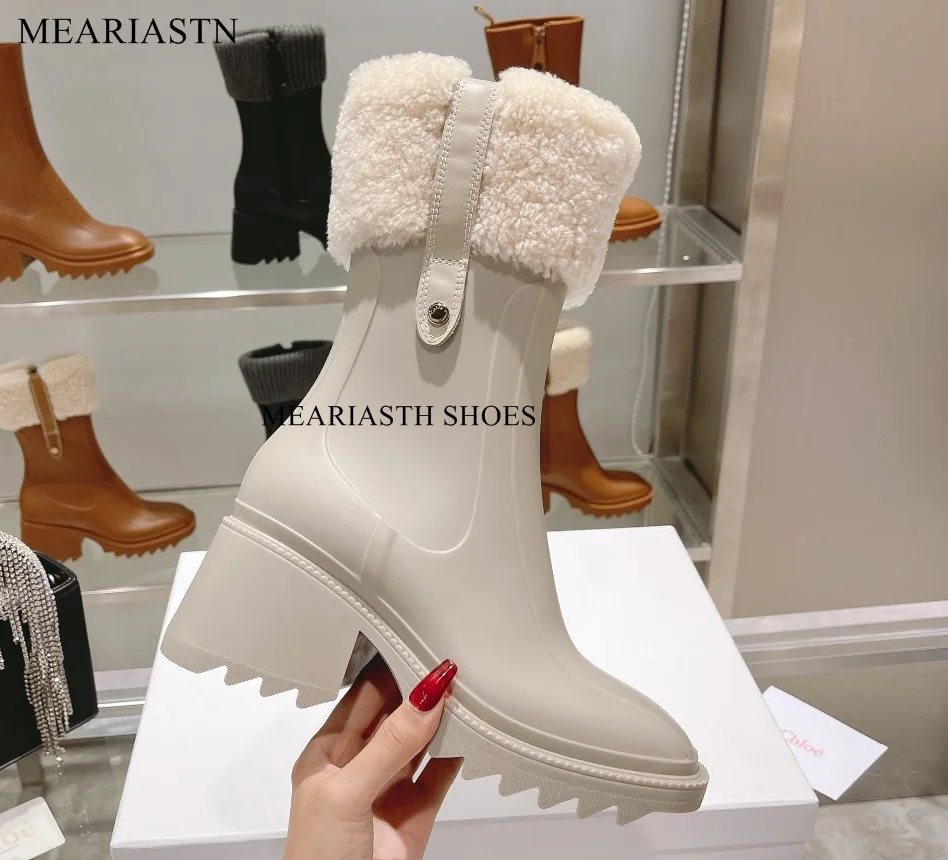 

Chunky High Heel Platform Mid Calf Rain Boots Women Thick Bottom Side Zipper Rubber Waterproof Autumn Shoes Short Ankle Boots