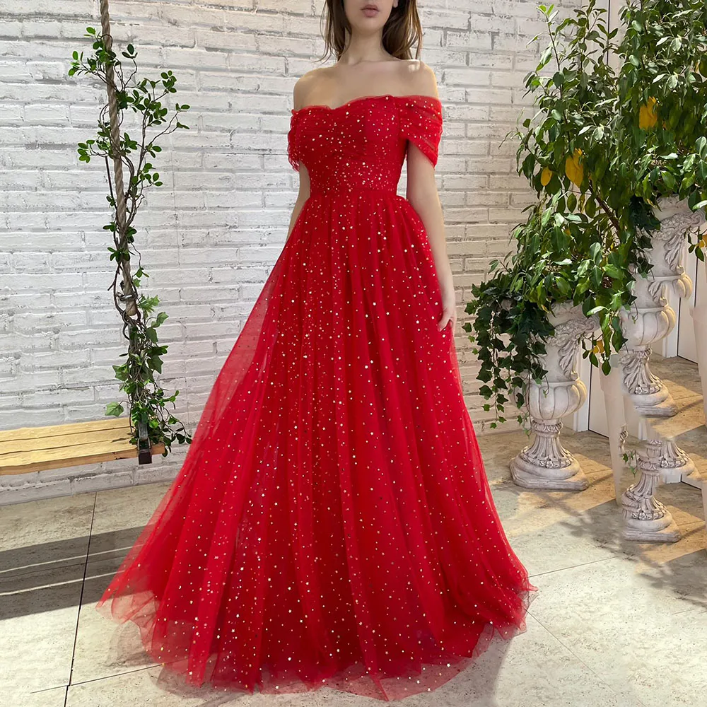 

#ML49 Red Long Prom Dress Off the Shoulder Starry Tulle Pleats A Line Evening Party Gown Formal Floor Length Robes De Soirée