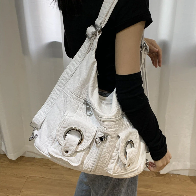 

Y2K Women Vintage Korean White Hobo Hand Bag Aesthetic Grunge PU Purse Handbags Shoulder Crossbody Backpacks Messenger Tote Bags