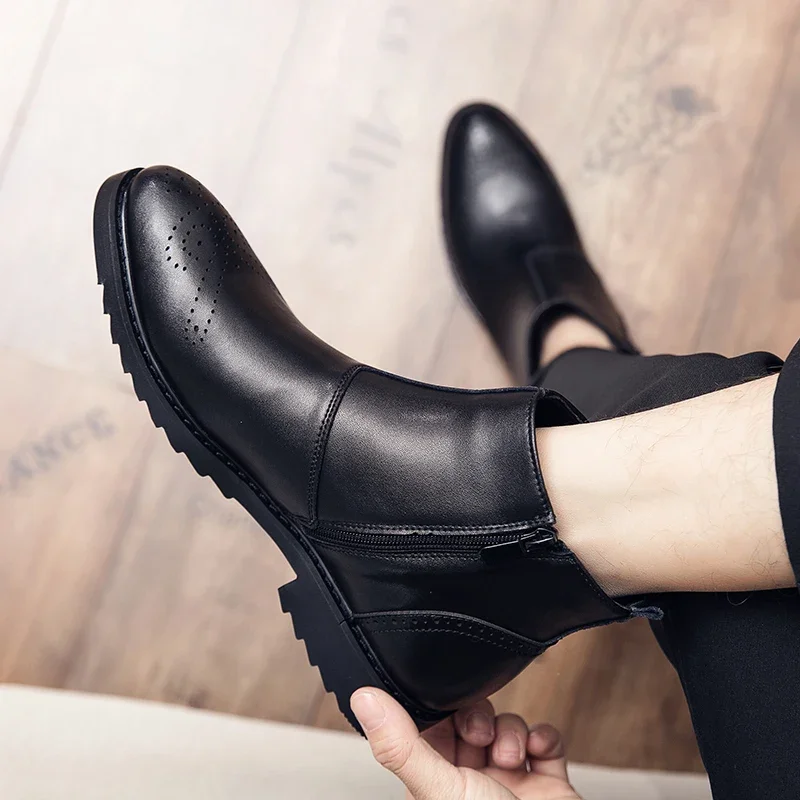 Men Shoes 2023 High Quality Zipper Men's Boots Autumn Pointed Toe Solid Breathable Chunky Heels Large Size Short Barrel Boots