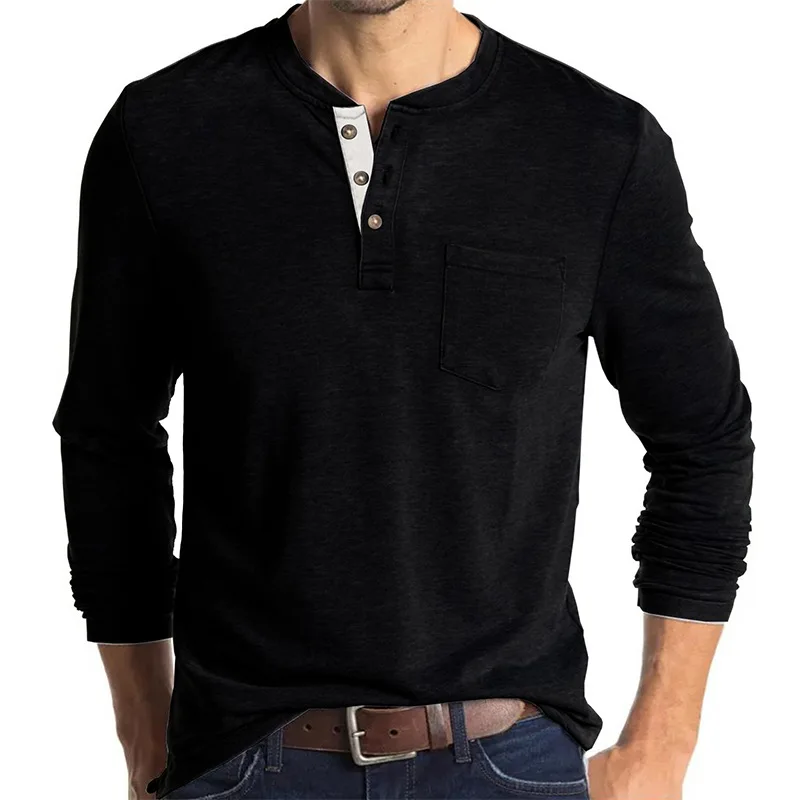 

Men's Long Sleeve Henley Patchwork Collar T Shirt New Slim Fit Tee Shirt Casual White Mens Tshirt with Chest