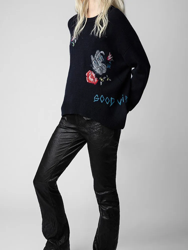 Cashmere Women's Round Neck Sweater Butterfly Flower Letter Embroidery Long Sleeve Ladies Jumper Autumn Winter 2022 3
