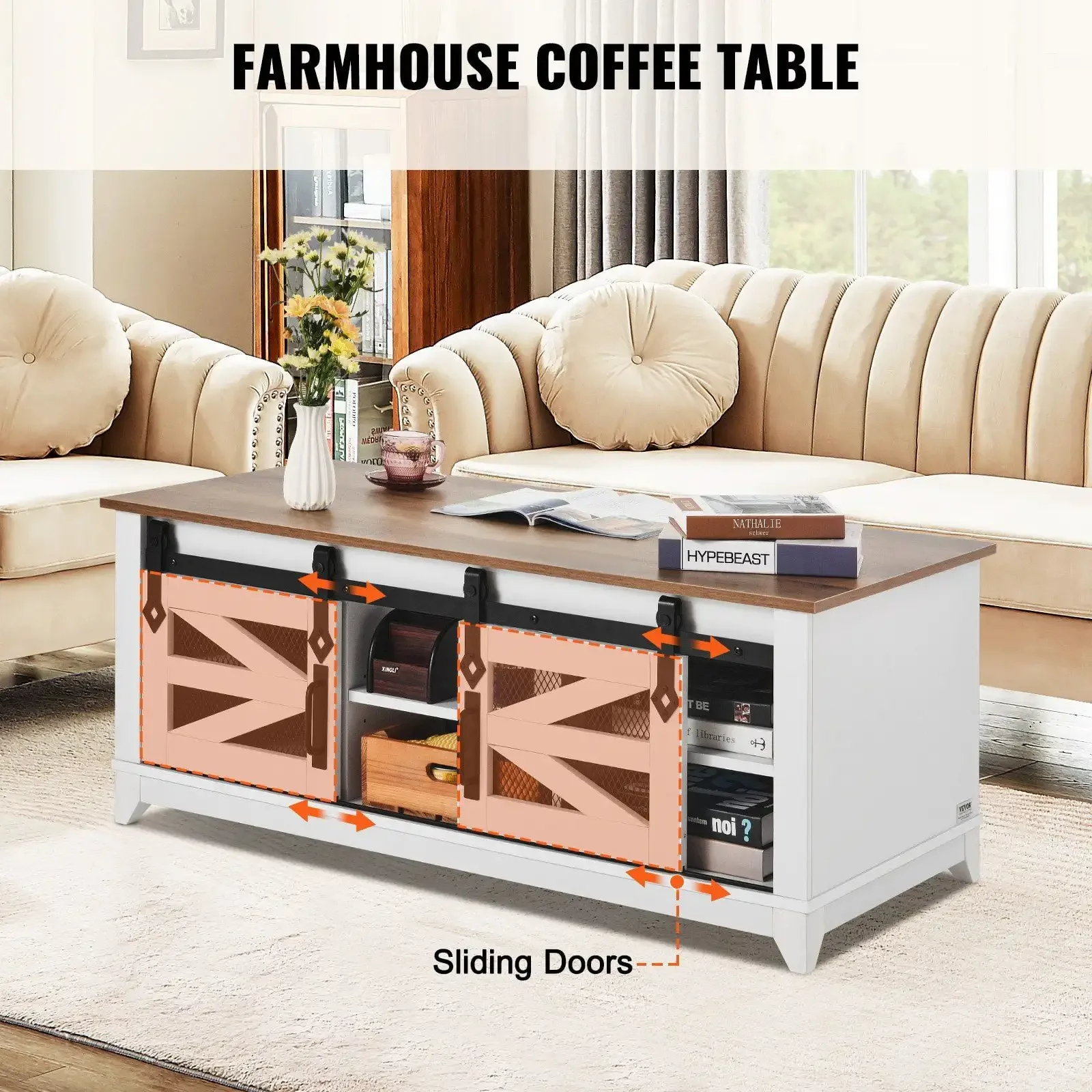 48" Farmhouse Coffee Table 2-tier Rectangle Table with Sliding Barn Doors 3