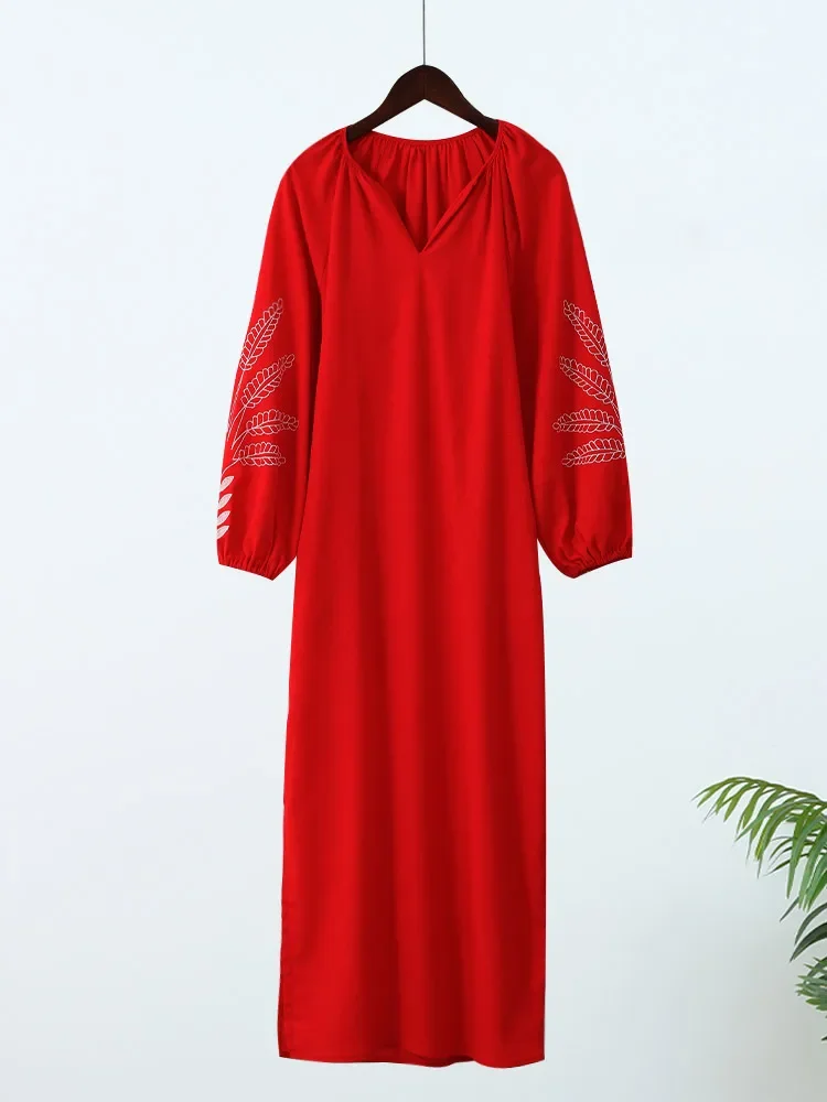Fashion Linen Printed Maxi Dress For Women Casual V Neck Long Cuff Sleeves Split Vestidos 2024 Chic Female Beach Vacation Robes