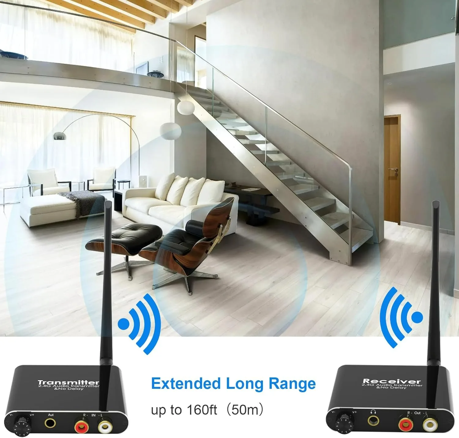 50m Long Range 2.4GHz Transmitter Receiver Wireless Audio Adapter with Volume Control for Subwoofer Speaker R/L or 3.5mm Jack,audio adapter