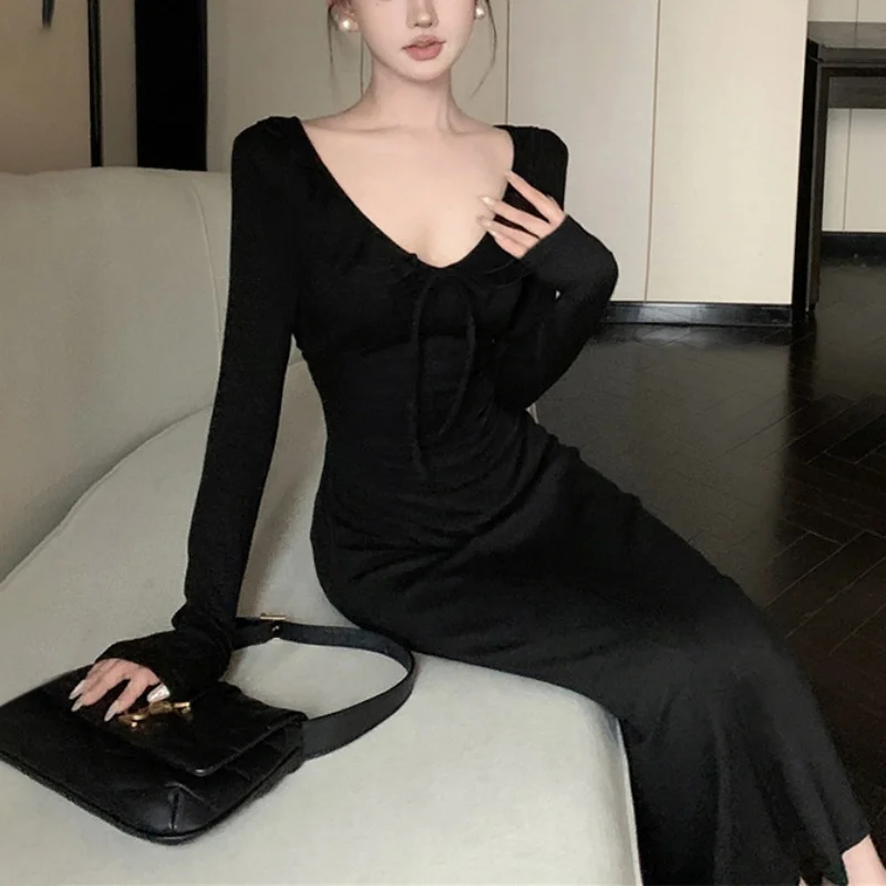 Women Dress y2k Clothes Solid Color Ruffle Tie Up V Neck Long Sleeve Bodycon Long Dresses Party Dresses Streetwear