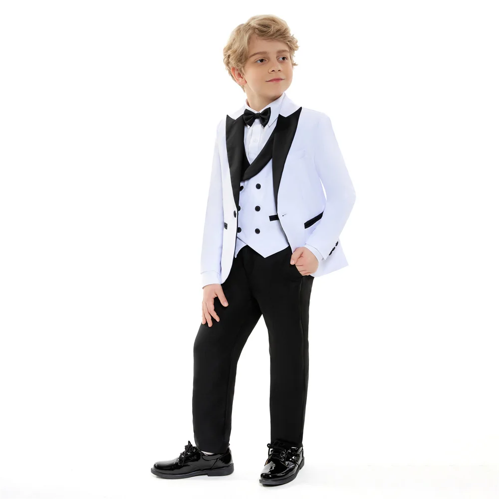 New Summer White Prom Suit for Boys 4 Piece Jacket Vest Pants Set Children Gift Peaked Lapel Blazer Kids Outfit Costume Birthday