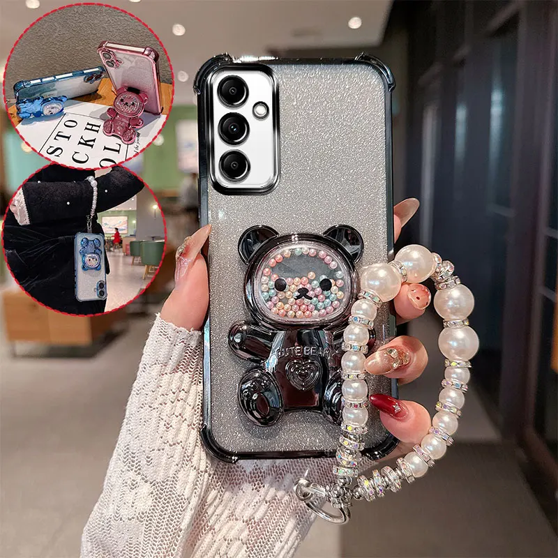 Cute Bear Cartoon Holder Pearl Lanyard Strap Shockproof Glitter Phone Case Back Cover