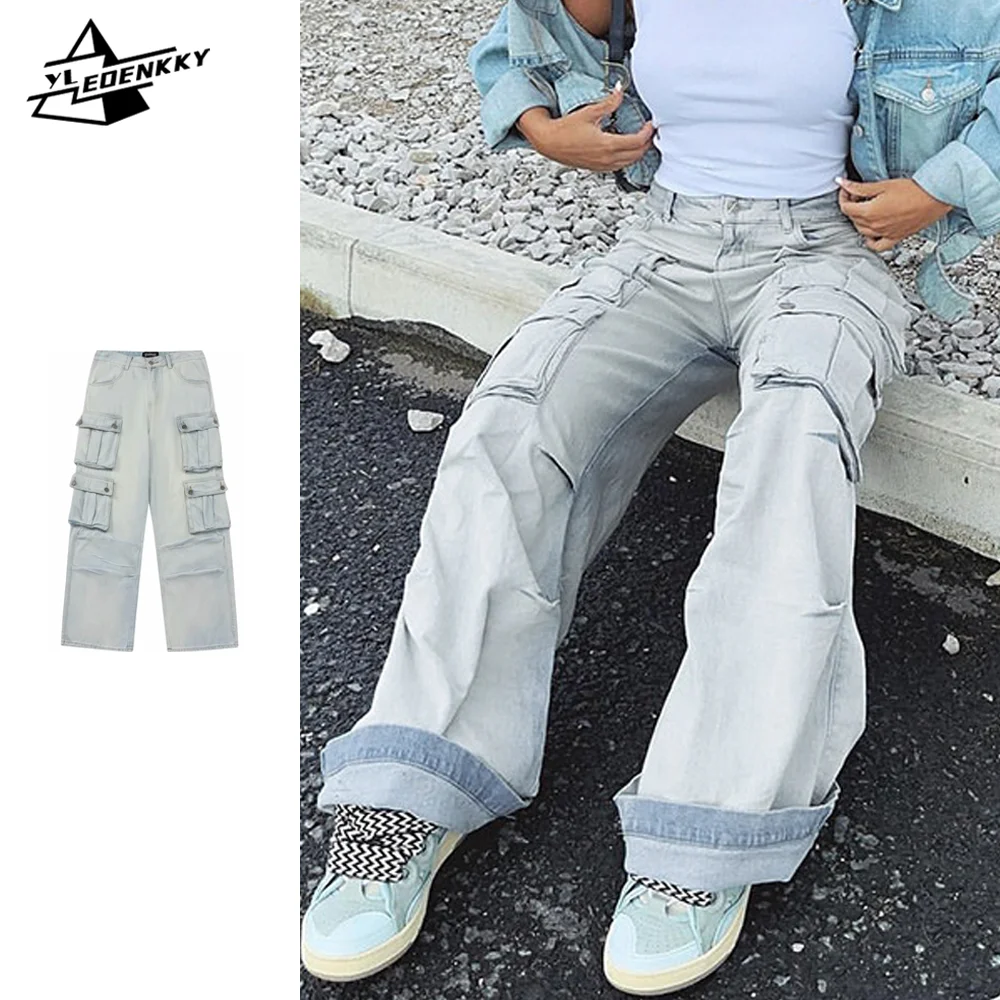 

Wide-leg Cargo Jeans Men Women Hip-hop High-rise Straight Denim Pants Retro Multi-pocket Loose Trousers Washed Distressed Unisex