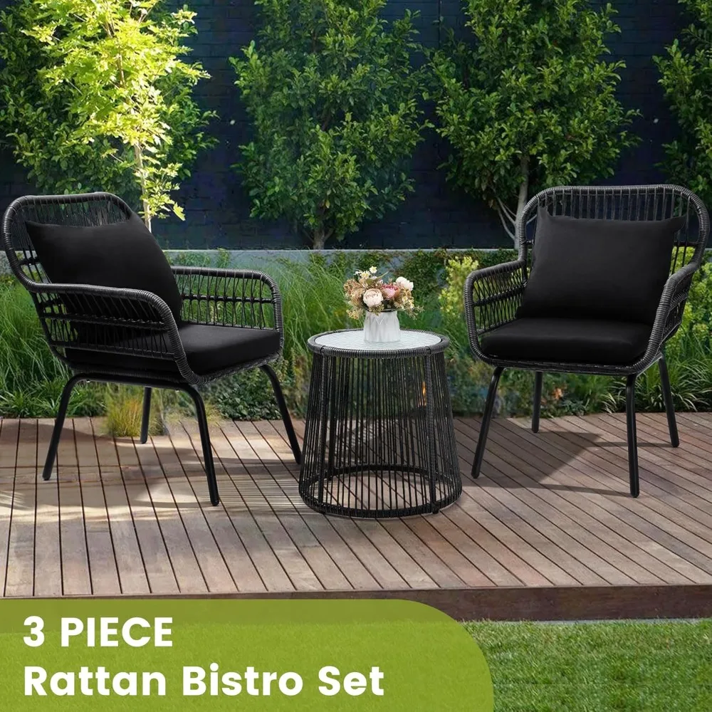 3 Piece Rattan Wicker Bistro Set, Outdoor Conversation Furniture Set with Glass Top Table, Space Saving for Balcony, Backyard 2